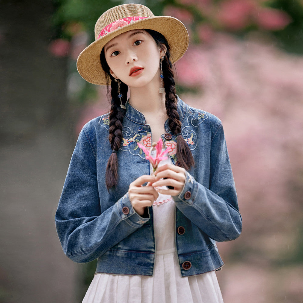 Flower production half acre flower field original national style embroidery denim jacket female retro design new Chinese style top summer image 12