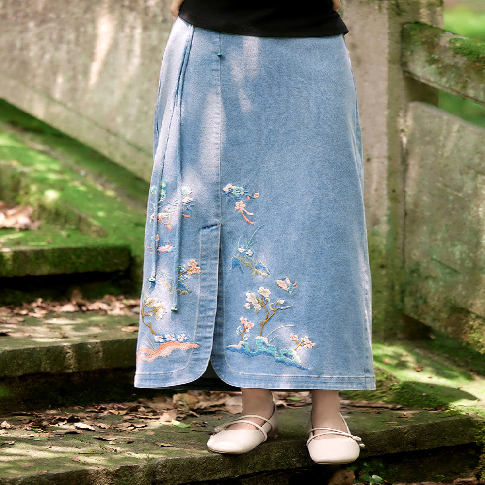 Flower making New Chinese style Original Chinese style Cowboy Embroidered Half length Skirt Women s Retro Design Sense Long Skirt Summer image 1