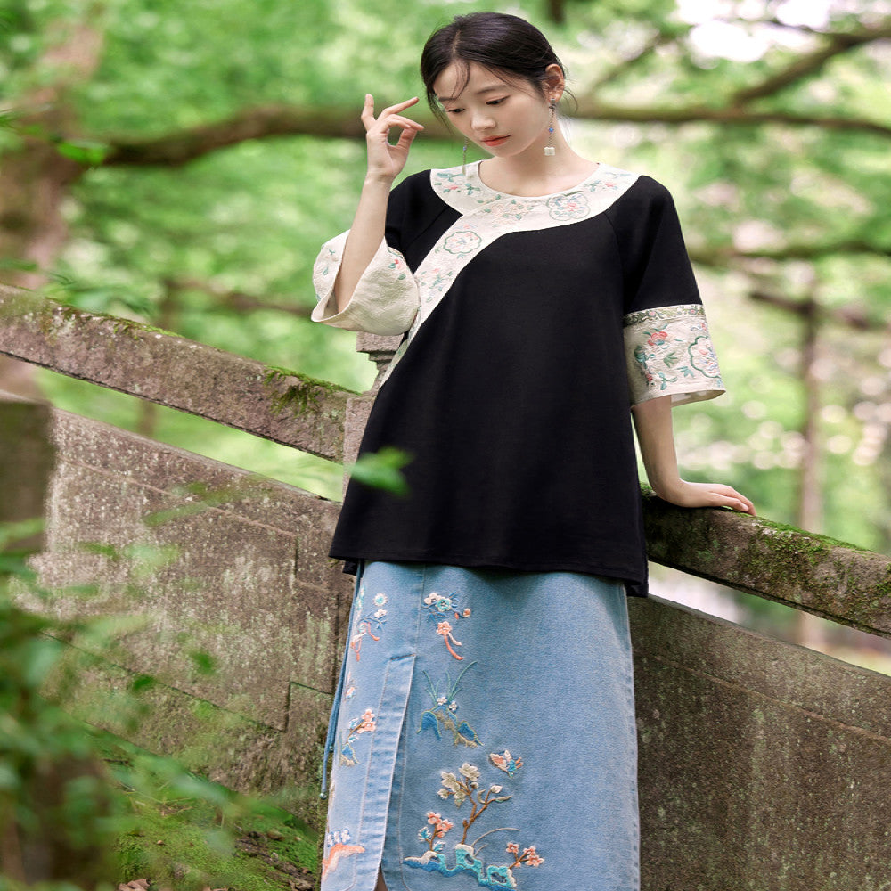 Flower making New Chinese style Original Chinese style Cowboy Embroidered Half length Skirt Women s Retro Design Sense Long Skirt Summer image 2