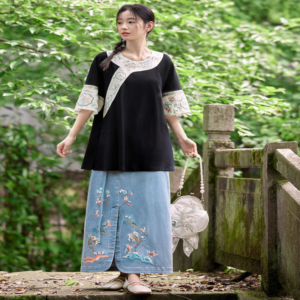 Flower making New Chinese style Original Chinese style Cowboy Embroidered Half length Skirt Women s Retro Design Sense Long Skirt Summer image 4