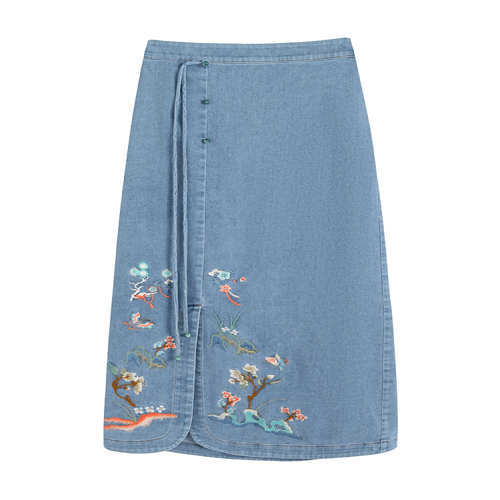 Flower making New Chinese style Original Chinese style Cowboy Embroidered Half length Skirt Women s Retro Design Sense Long Skirt Summer image 5