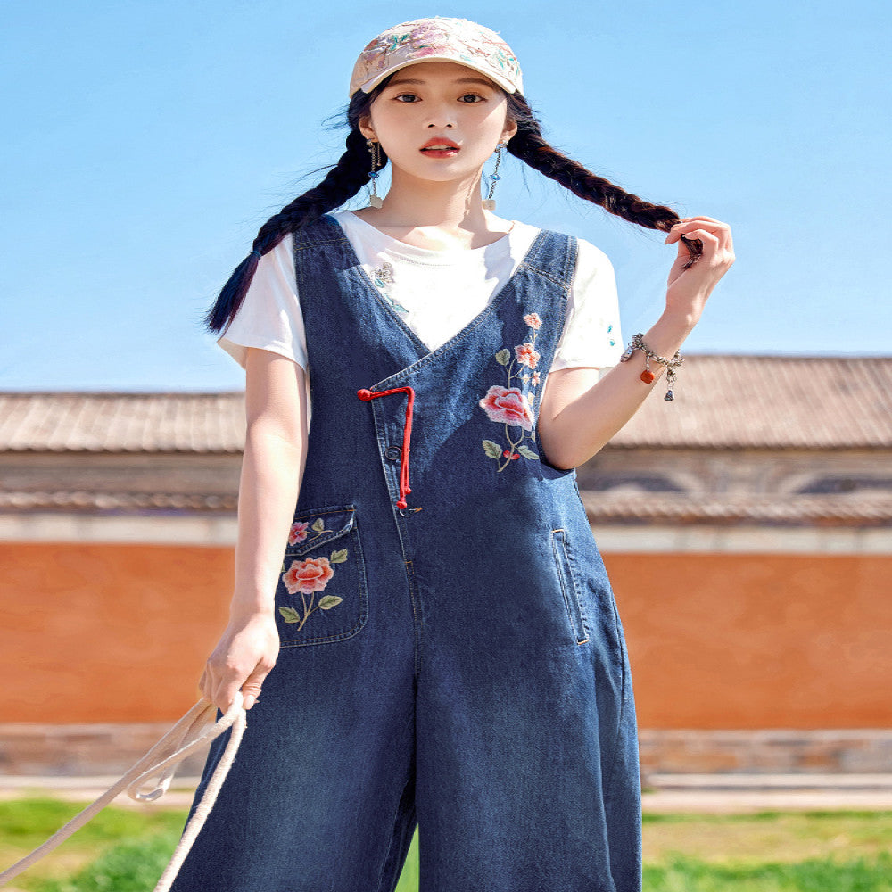 HuaZuoXingChuan original Chinese style embroidery denim overalls women s loose design sense age reducing wide leg pants summer image 1