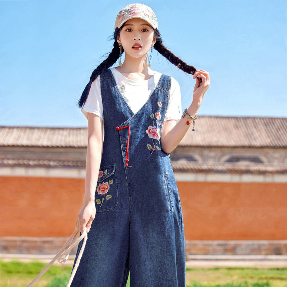 HuaZuoXingChuan original Chinese style embroidery denim overalls women s loose design sense age reducing wide leg pants summer image 9