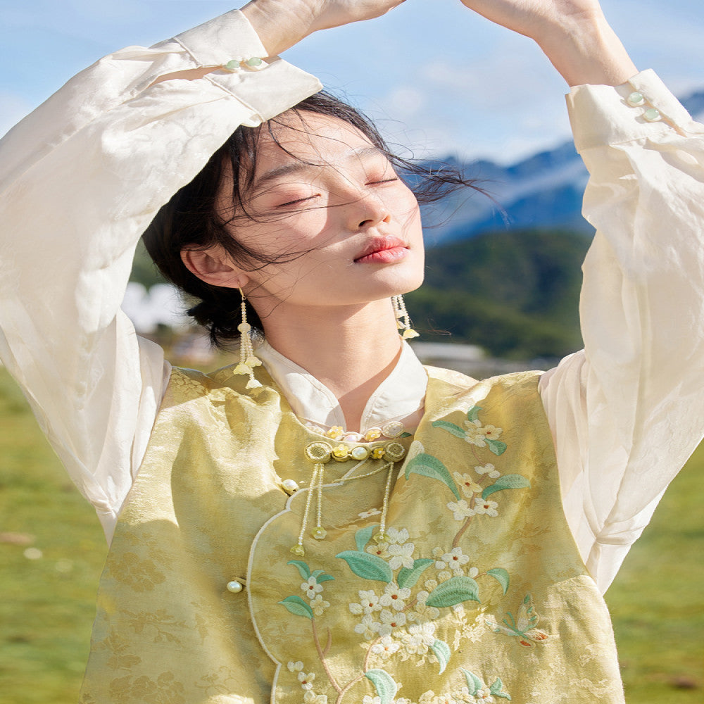 Flower production Osmanthus series Jinghuayao original Chinese style embroidery suit female new Chinese vest skirt summer image 2