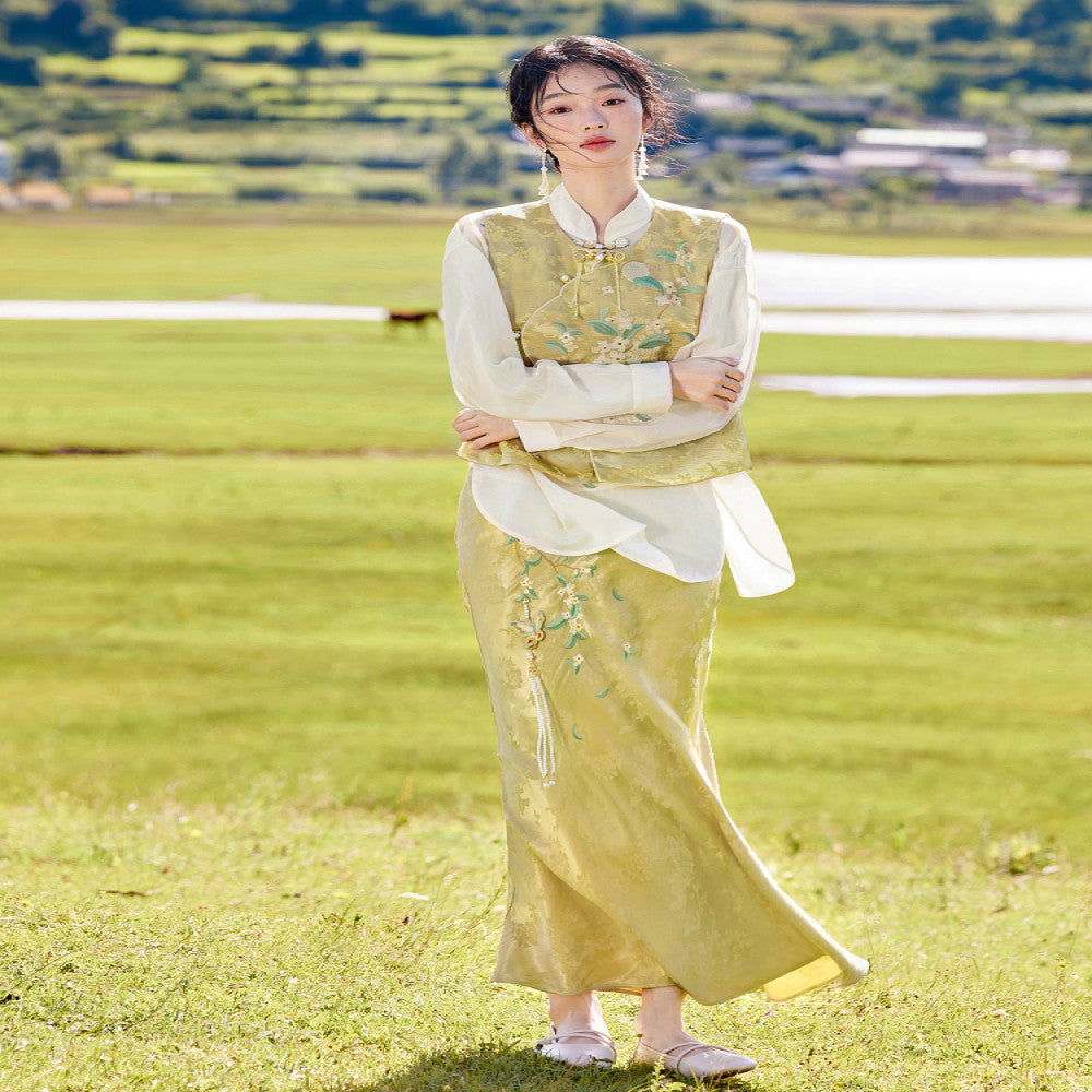 Flower production Osmanthus series Jinghuayao original Chinese style embroidery suit female new Chinese vest skirt summer image 4