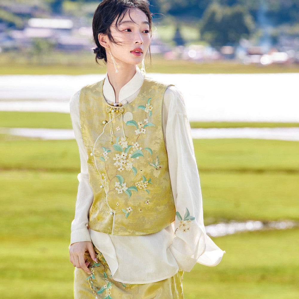 Flower production Osmanthus series Jinghuayao original Chinese style embroidery suit female new Chinese vest skirt summer image 8