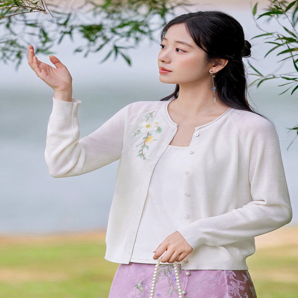 Flower making wild flower slanted white original Chinese style embroidered sweater women s new casual knitted cardigan top spring image 3