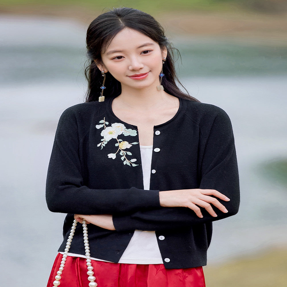 Flower making wild flower slanted white original Chinese style embroidered sweater women s new casual knitted cardigan top spring image 4