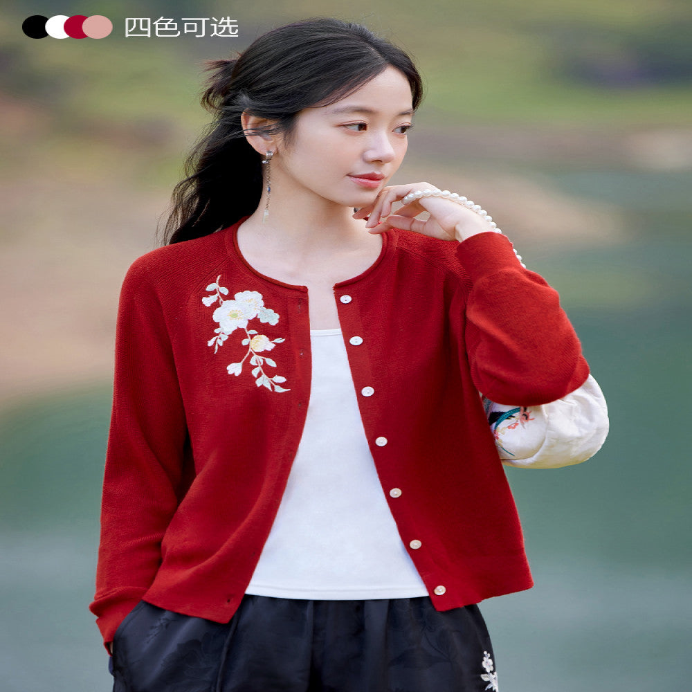 Flower making wild flower slanted white original Chinese style embroidered sweater women s new casual knitted cardigan top spring image 0