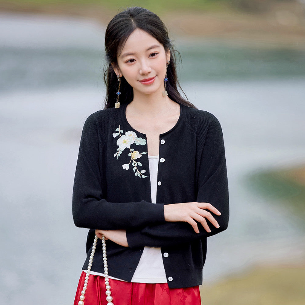 Flower making wild flower slanted white original Chinese style embroidered sweater women s new casual knitted cardigan top spring image 13