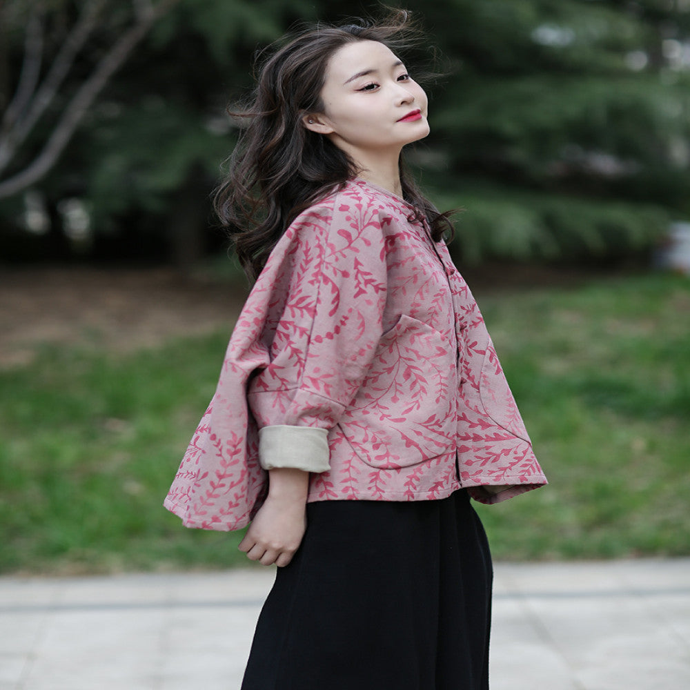 Spring cotton and linen women s clothing literary retro button round neck loose bat sleeves printed Chinese style tops ethnic style jacket image 2