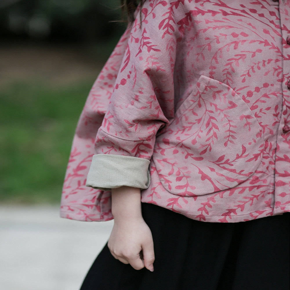 Spring cotton and linen women s clothing literary retro button round neck loose bat sleeves printed Chinese style tops ethnic style jacket image 3