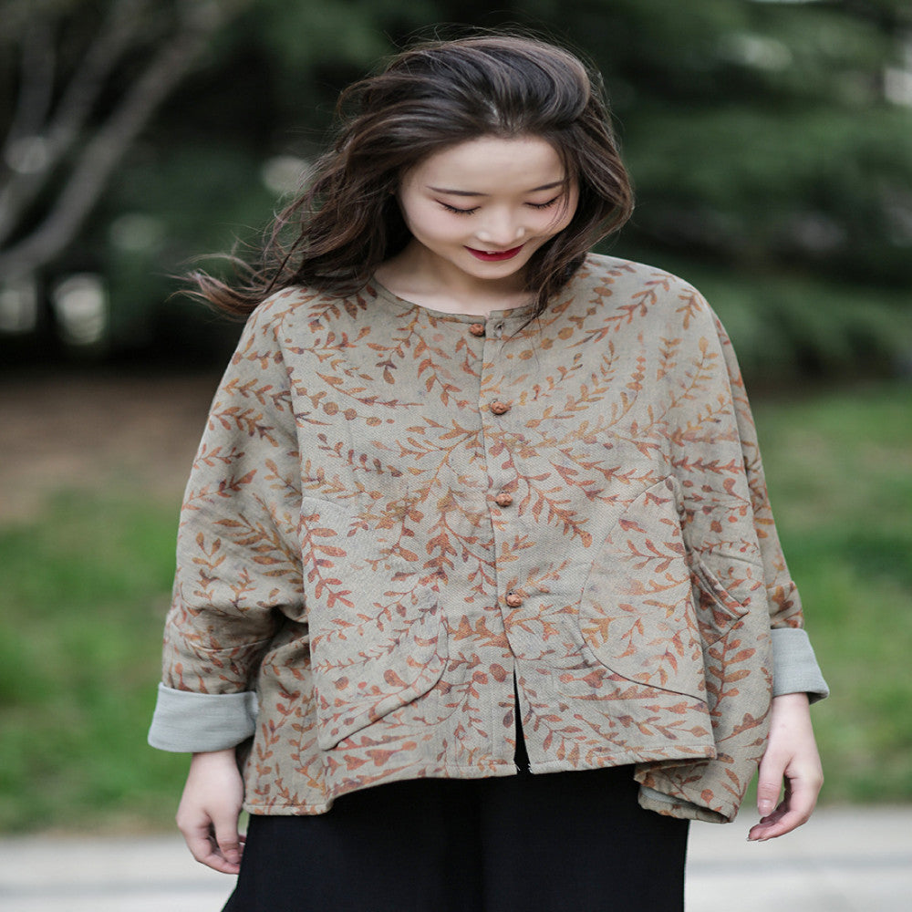 Spring cotton and linen women s clothing literary retro button round neck loose bat sleeves printed Chinese style tops ethnic style jacket image 4