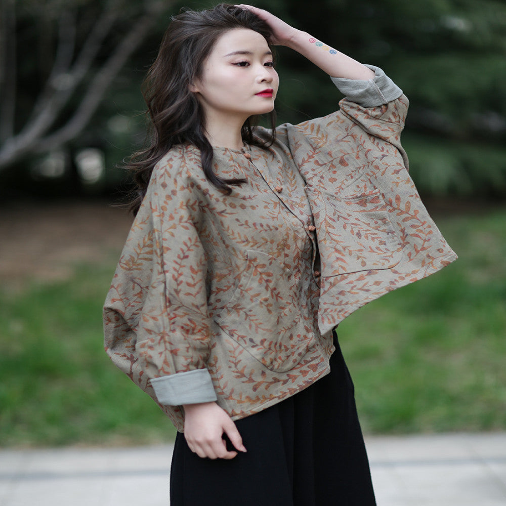 Spring cotton and linen women s clothing literary retro button round neck loose bat sleeves printed Chinese style tops ethnic style jacket image 5