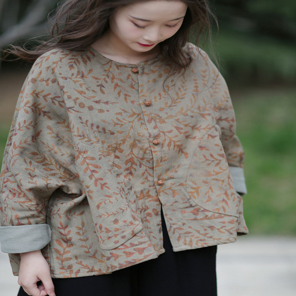 Spring cotton and linen women s clothing literary retro button round neck loose bat sleeves printed Chinese style tops ethnic style jacket image 7