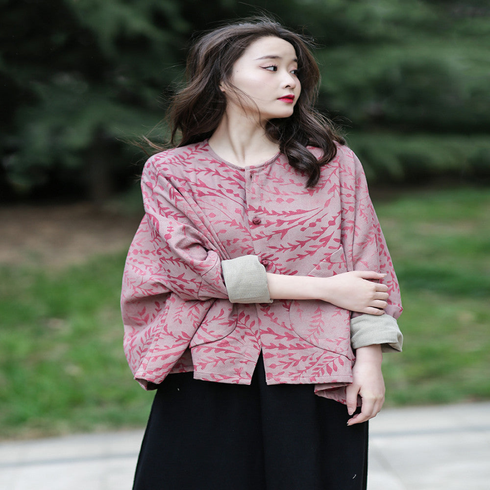 Spring cotton and linen women s clothing literary retro button round neck loose bat sleeves printed Chinese style tops ethnic style jacket image 11