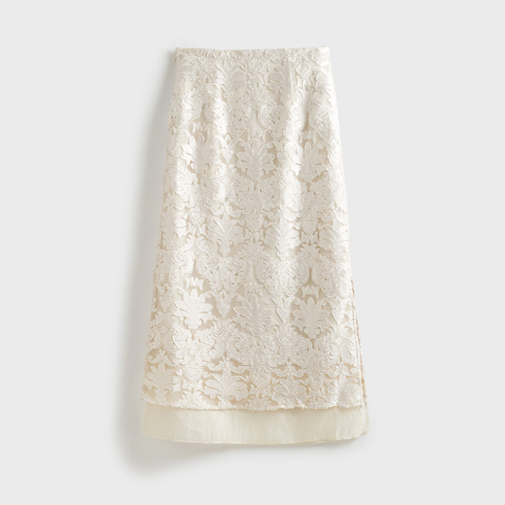 Jiaqi Custom High end Korean imported burnt out fabric Elegant hip hugging handmade lace skirt with side slits image 18