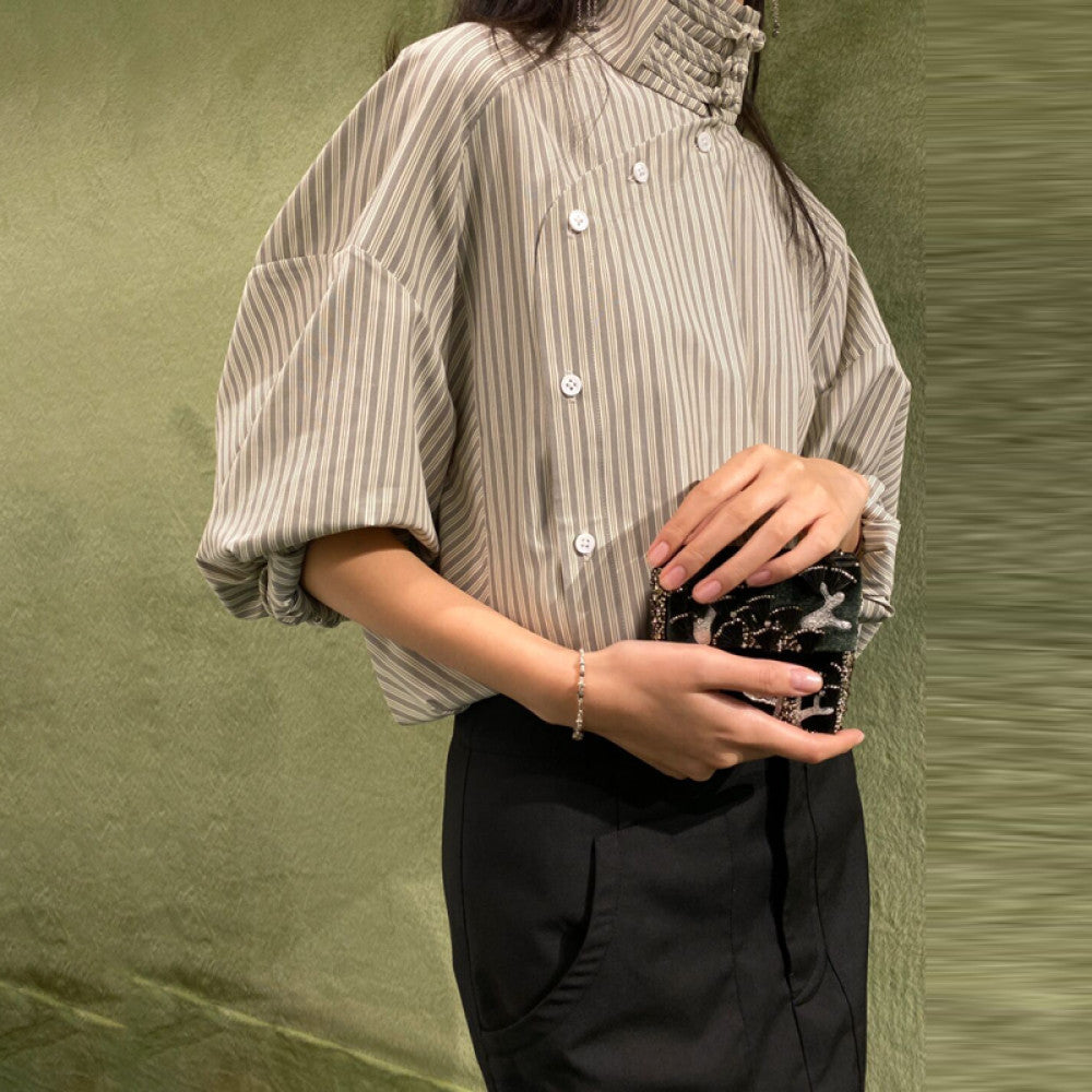 New Chinese design commuter buttoned half high collar oblique lapel striped shirt cuff tie shirt tops spring and summer new image 0
