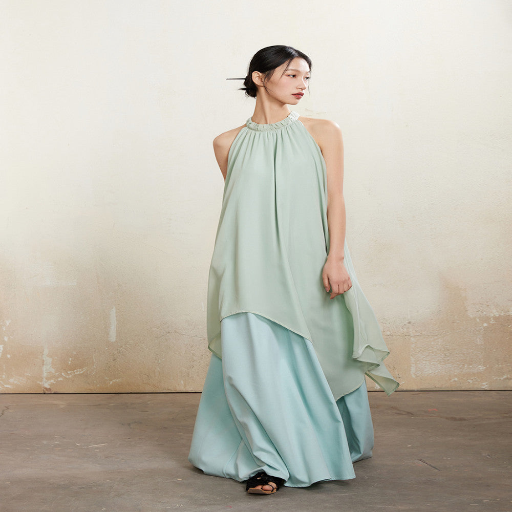 ONMOON Summer Mint Manwave Wind Hanging Neck Dress 2024 New Cool Romantic Vacation Fairy Long Dress image 0