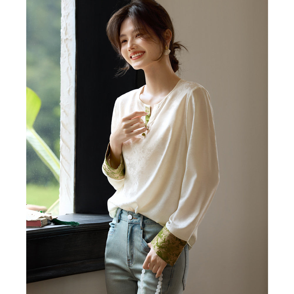 XWI Xinwei New Chinese style satin jacquard color blocked shirt for women s early autumn 2025 design sense small shirt top image 15