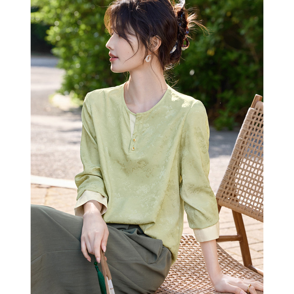 XWI Xinwei New Chinese style satin jacquard color blocked shirt for women s early autumn 2025 design sense small shirt top image 22