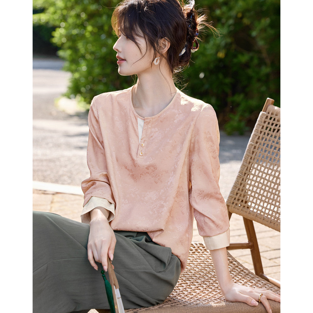 XWI Xinwei New Chinese style satin jacquard color blocked shirt for women s early autumn 2025 design sense small shirt top image 31