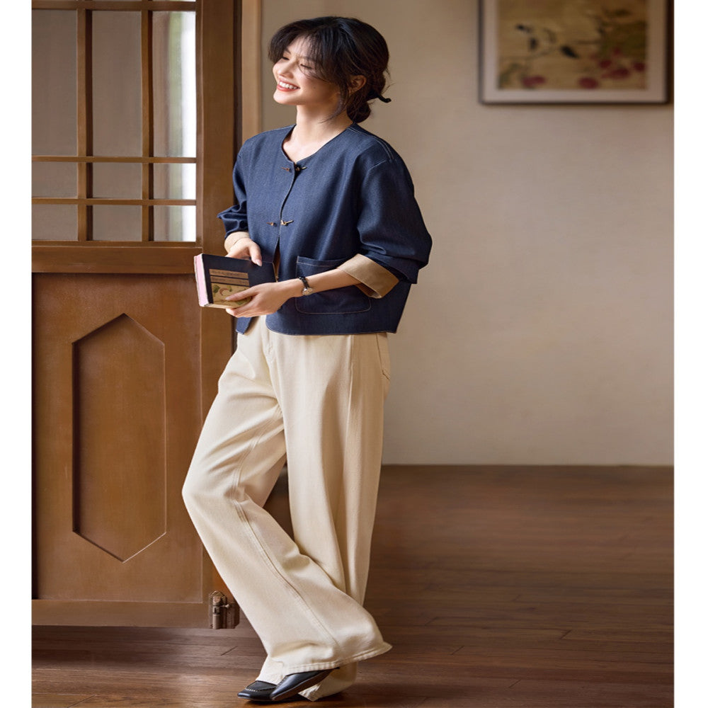 XWI Xinweixin Chinese style color matching imitation denim jacket women 2025 spring and autumn style temperament elegant round neck short top image 2