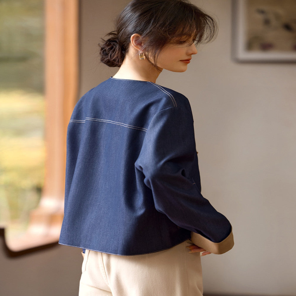 XWI Xinweixin Chinese style color matching imitation denim jacket women 2025 spring and autumn style temperament elegant round neck short top image 5