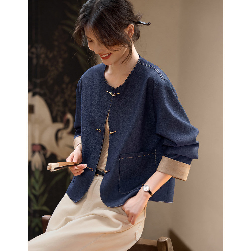 XWI Xinweixin Chinese style color matching imitation denim jacket women 2025 spring and autumn style temperament elegant round neck short top image 8