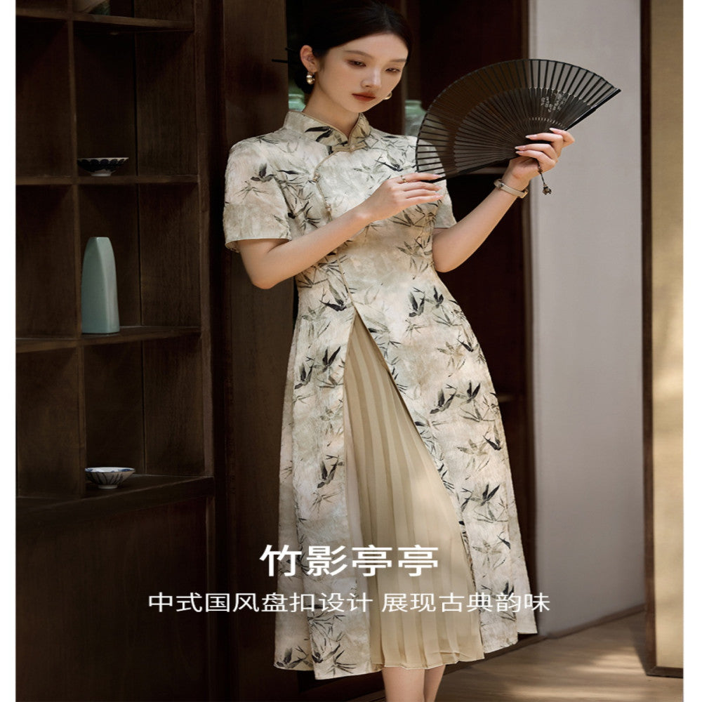 XWI Xinwei new Chinese style printed dress summer and early autumn button design noble and elegant cheongsam skirt image 2
