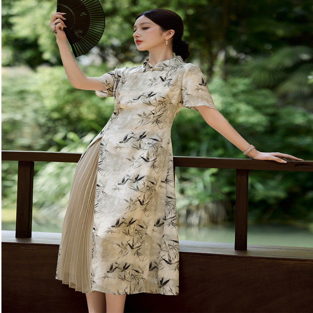XWI Xinwei new Chinese style printed dress summer and early autumn button design noble and elegant cheongsam skirt image 3