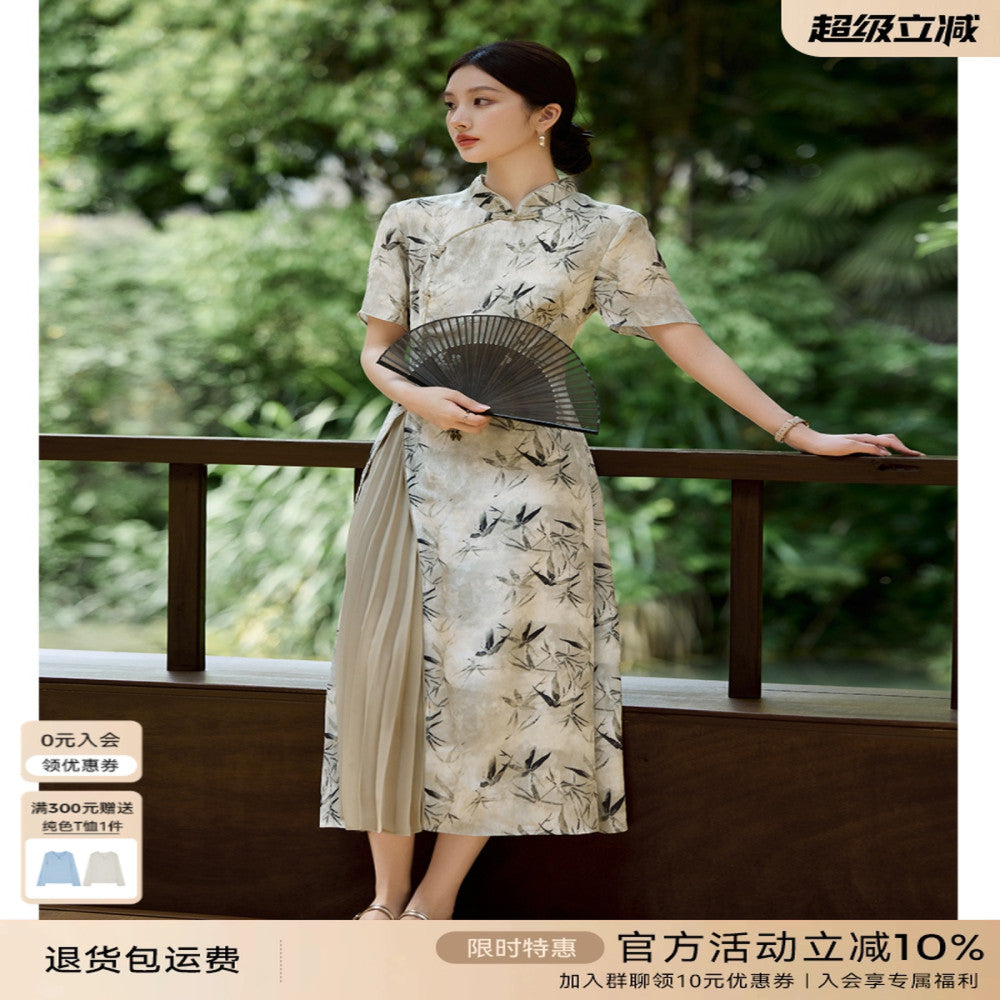 XWI Xinwei new Chinese style printed dress summer and early autumn button design noble and elegant cheongsam skirt image 0
