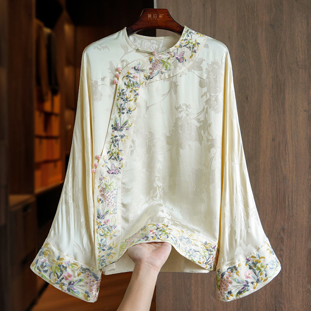 Improved oblique collar button silk acetate new Chinese style tops women s long sleeves autumn new heavy industry style embroidered shirt image 29