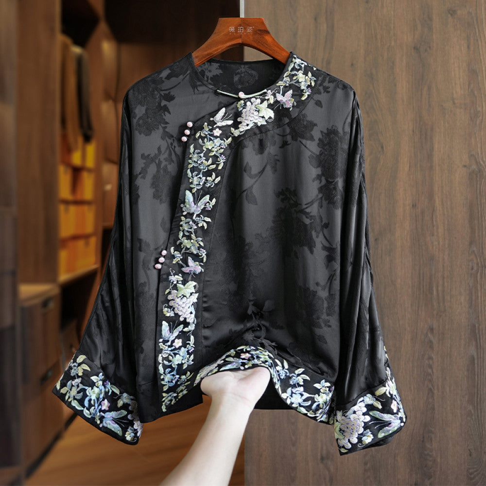 Improved oblique collar button silk acetate new Chinese style tops women s long sleeves autumn new heavy industry style embroidered shirt image 17