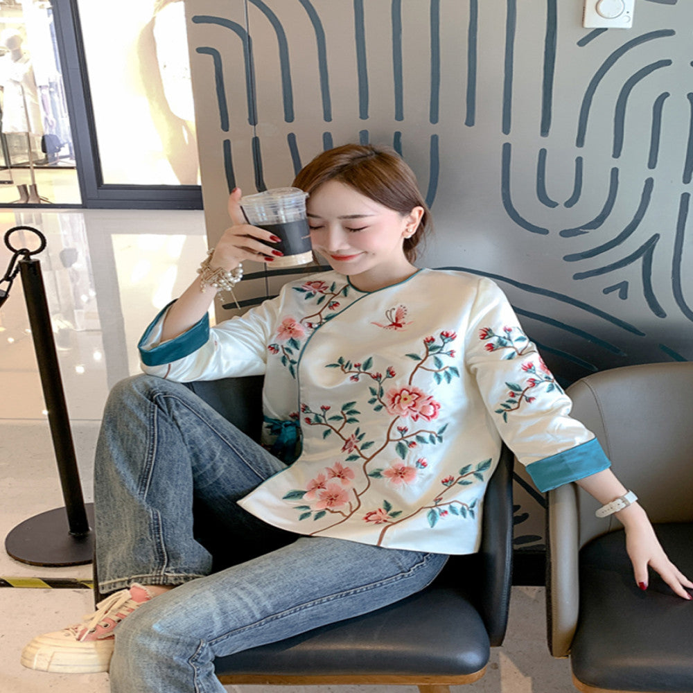 Chinese style young daily improved cheongsam tops for women high end embroidery lace up new Chinese Tang suit jacket image 1