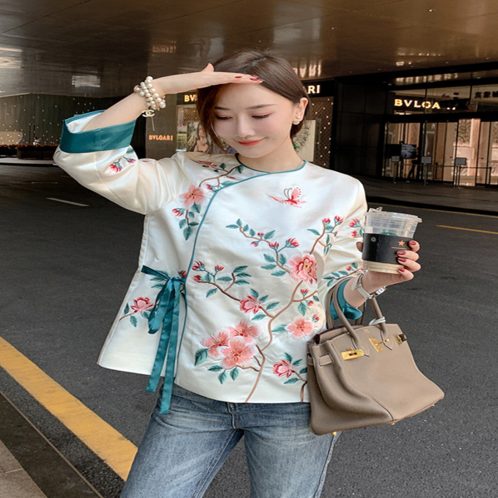 Chinese style young daily improved cheongsam tops for women high end embroidery lace up new Chinese Tang suit jacket image 12