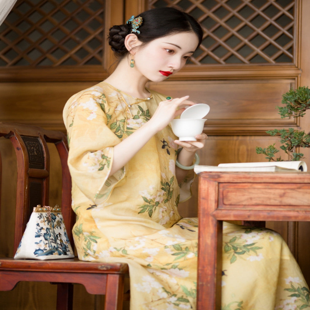 Spring shirt dyeing Chinese cheongsam daily collarless lazy loose inverted large sleeved cheongsam dress original image 2