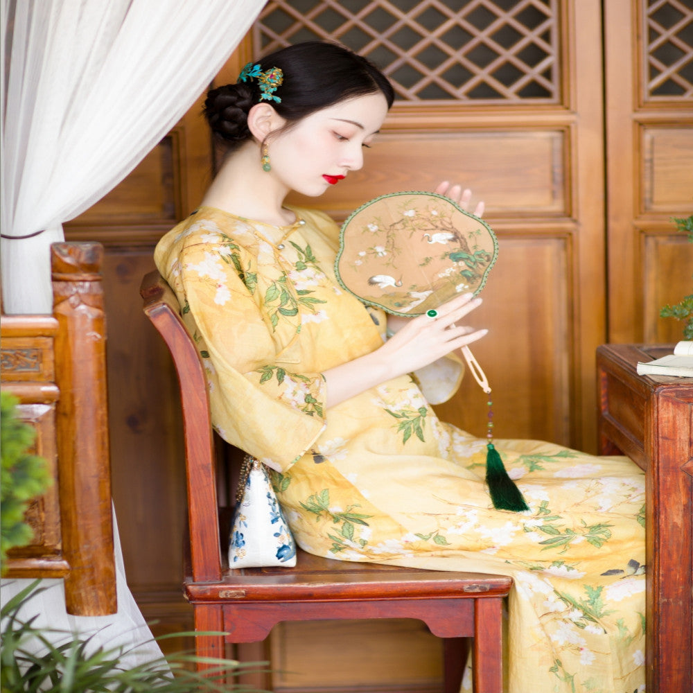 Spring shirt dyeing Chinese cheongsam daily collarless lazy loose inverted large sleeved cheongsam dress original image 5