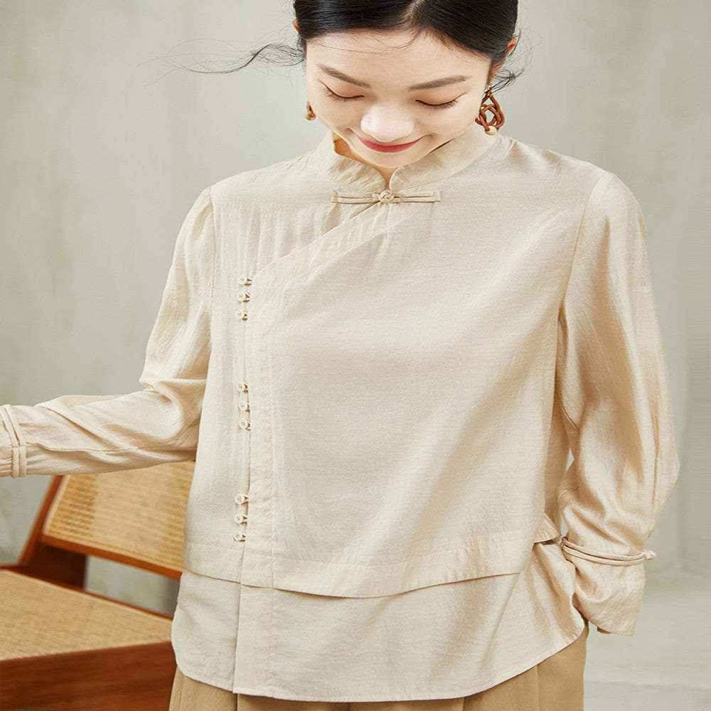 QS Jixi spring and autumn new retro national style buttoned shirt women s oblique placket solid color slim long sleeve fashion tops image 0