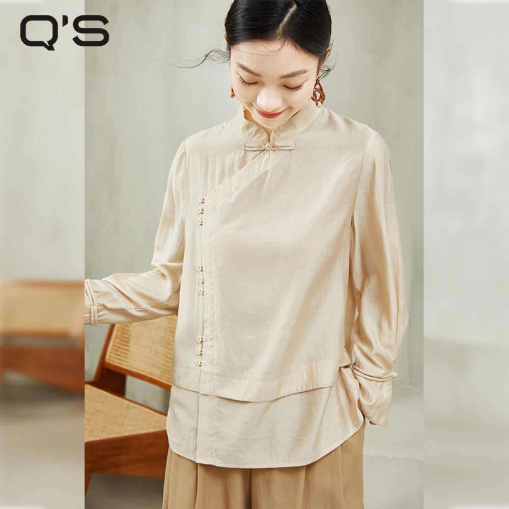 QS Jixi spring and autumn new retro national style buttoned shirt women s oblique placket solid color slim long sleeve fashion tops image 11