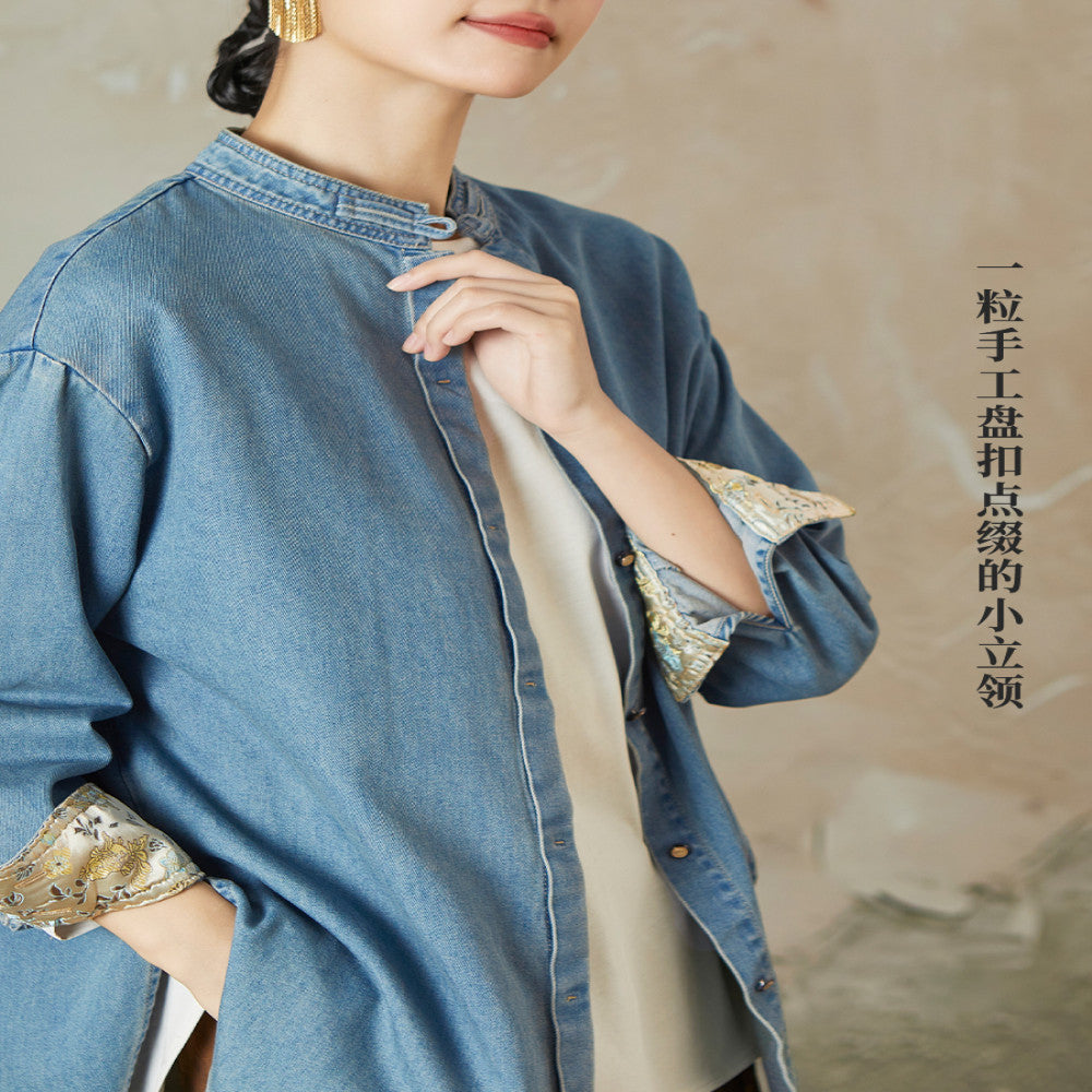 Same style straw Xi 2025 Spring and Autumn light national style embroidered long sleeved denim shirt for women washed cotton jacket image 2
