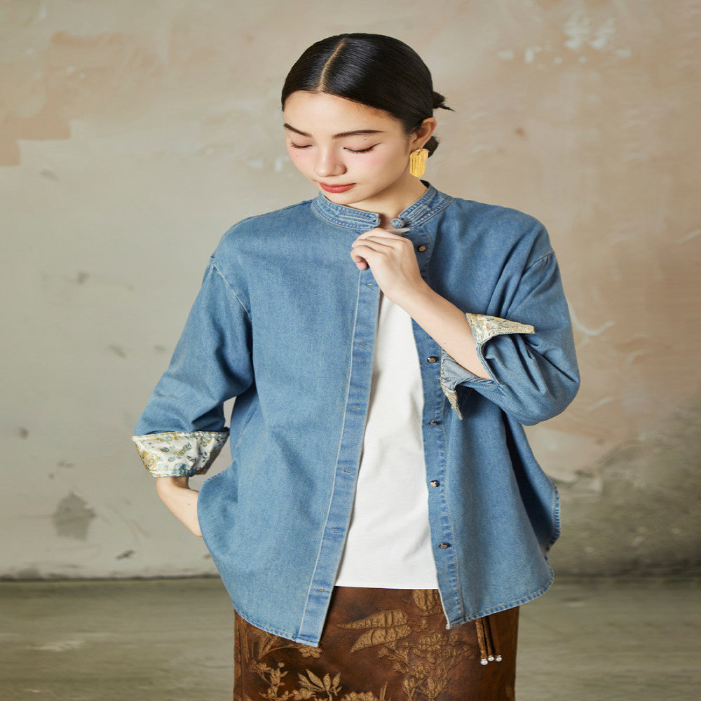 Same style straw Xi 2025 Spring and Autumn light national style embroidered long sleeved denim shirt for women washed cotton jacket image 4