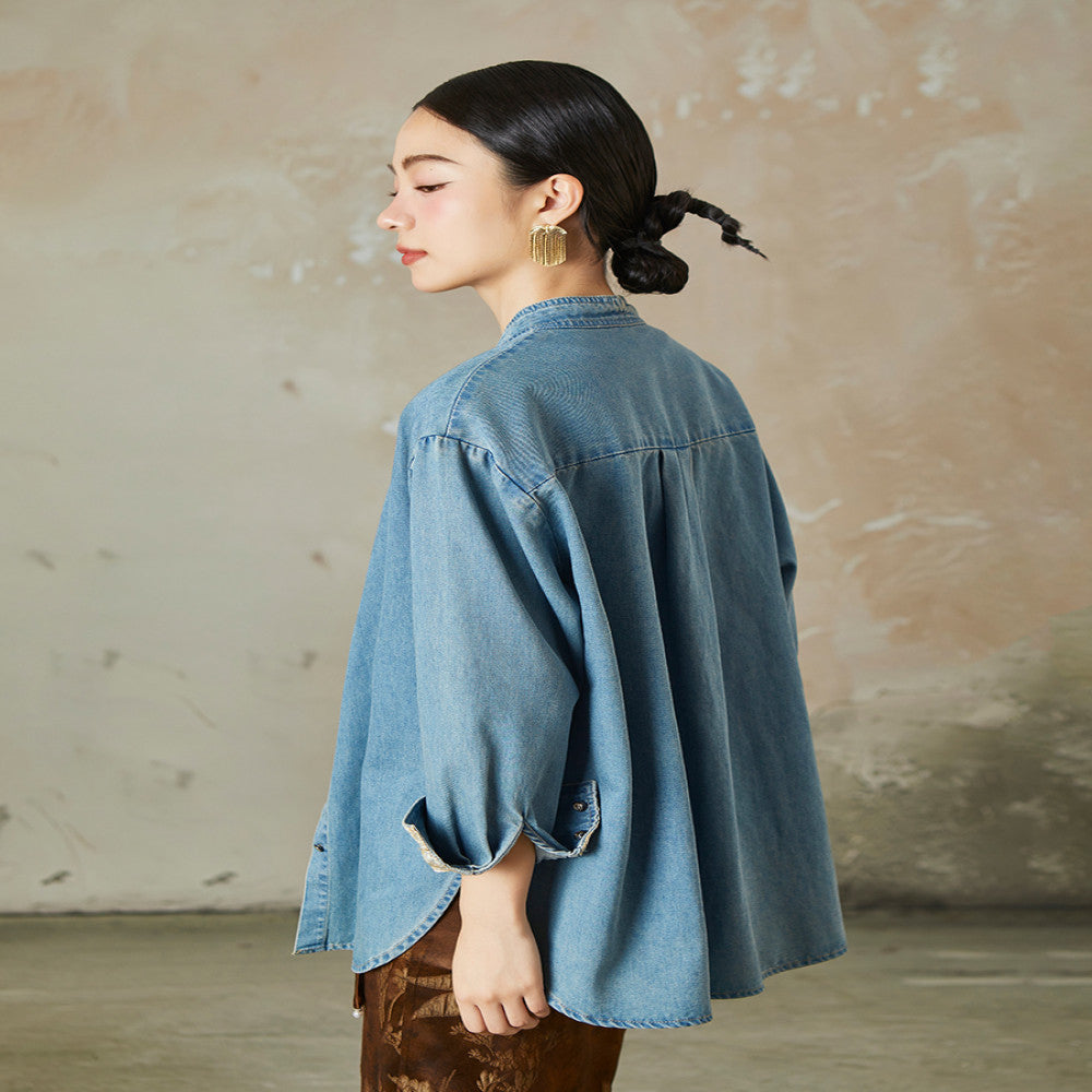 Same style straw Xi 2025 Spring and Autumn light national style embroidered long sleeved denim shirt for women washed cotton jacket image 5