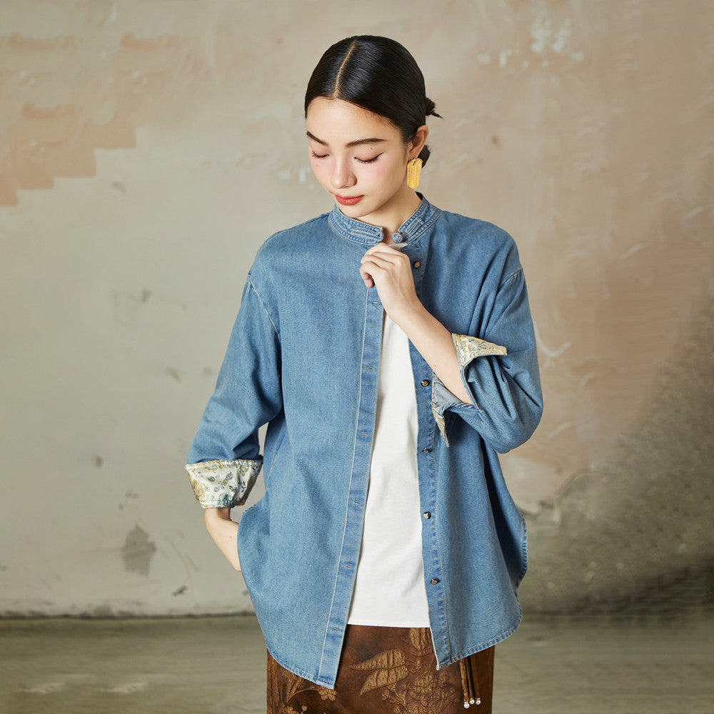 Same style straw Xi 2025 Spring and Autumn light national style embroidered long sleeved denim shirt for women washed cotton jacket image 12