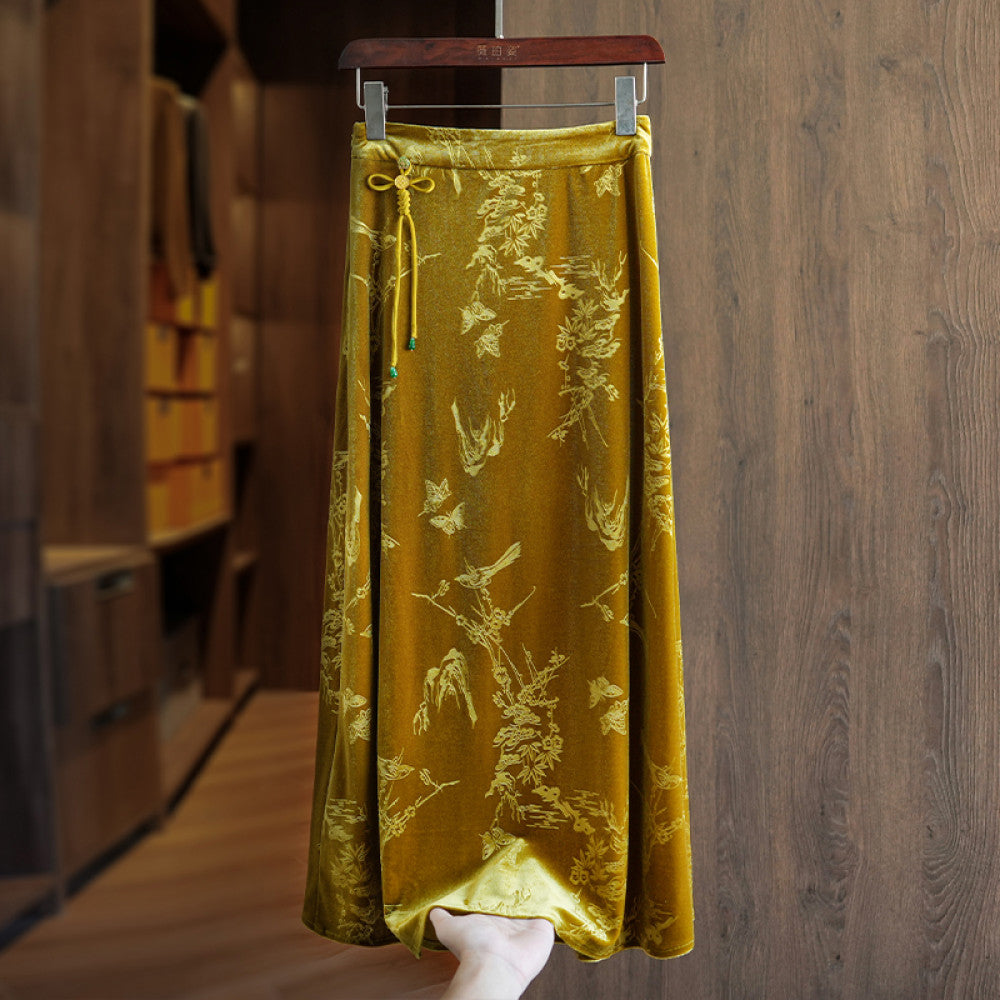 Black fashion temperament silk velvet new Chinese style midi skirt for women in autumn new Chinese style embroidered high waisted mid length skirt image 20