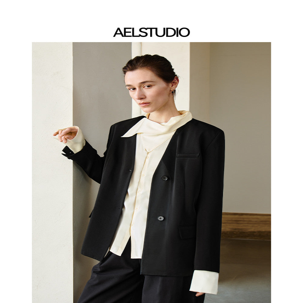 AEL original black suit jacket female 2025 new temperament lady advanced acetate satin professional small suit image 28