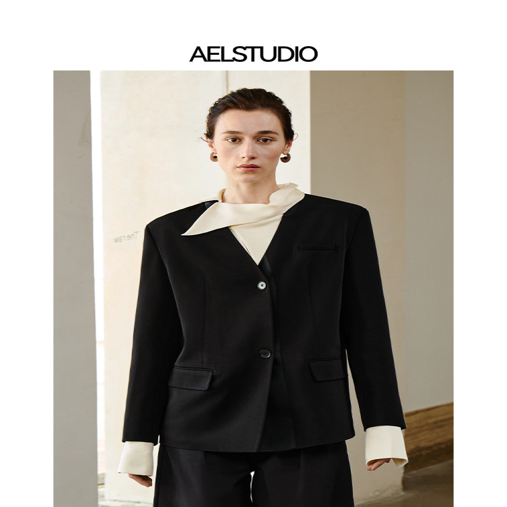 AEL original black suit jacket female 2025 new temperament lady advanced acetate satin professional small suit image 16