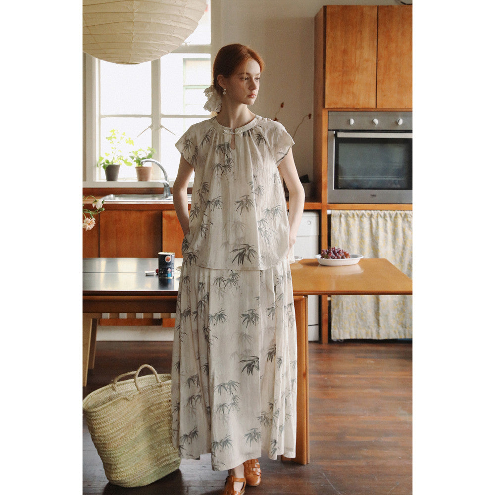 MELLIIY 2025 Summer New Chinese style Stand up Collar Ink Bamboo Shadow Shirt Improved Horse Face Skirt Two Piece Set image 24