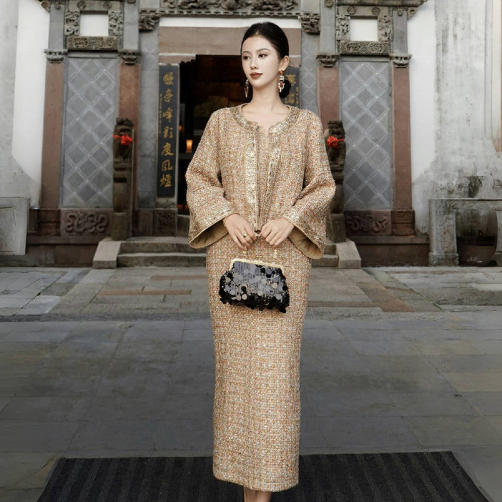 Chengyu Gaoding Zunyao Jinque New Chinese style Small Fragrance Golden Thread Flower Bead Weaving Coat Western Dress Set image 2