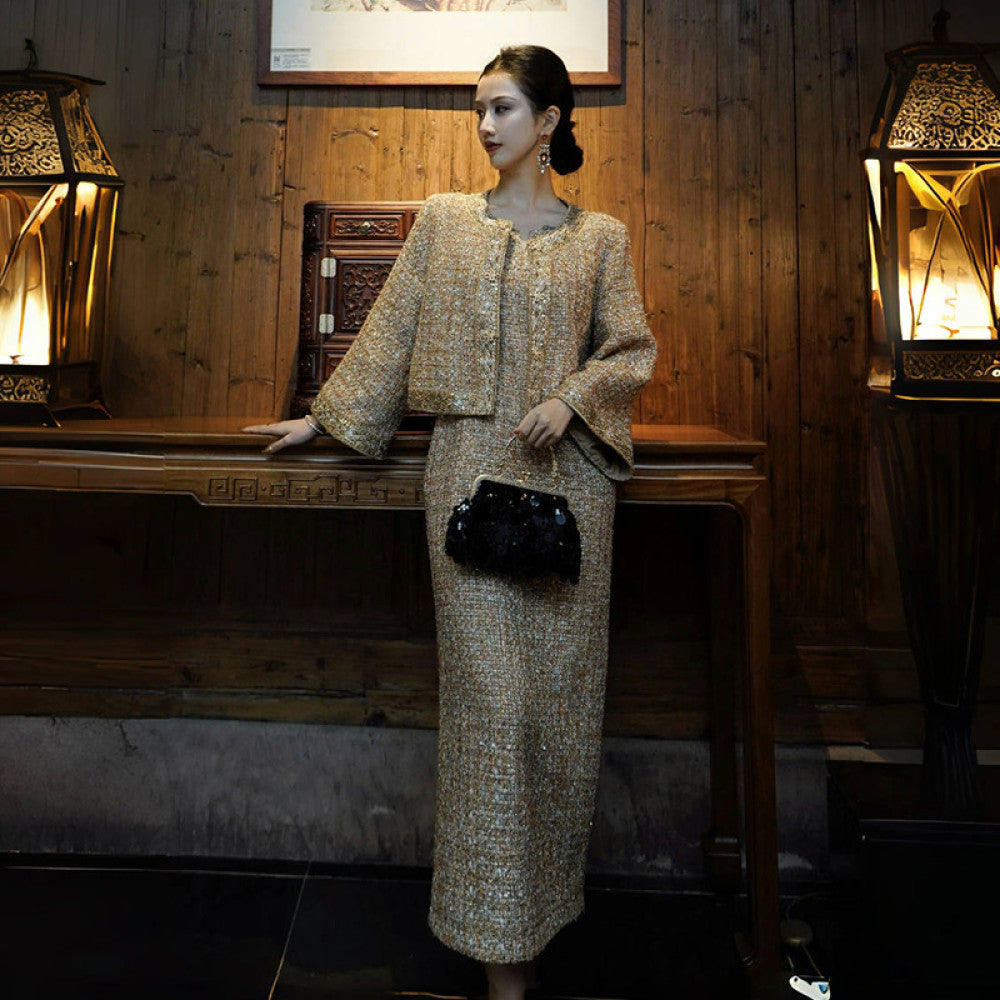 Chengyu Gaoding Zunyao Jinque New Chinese style Small Fragrance Golden Thread Flower Bead Weaving Coat Western Dress Set image 3